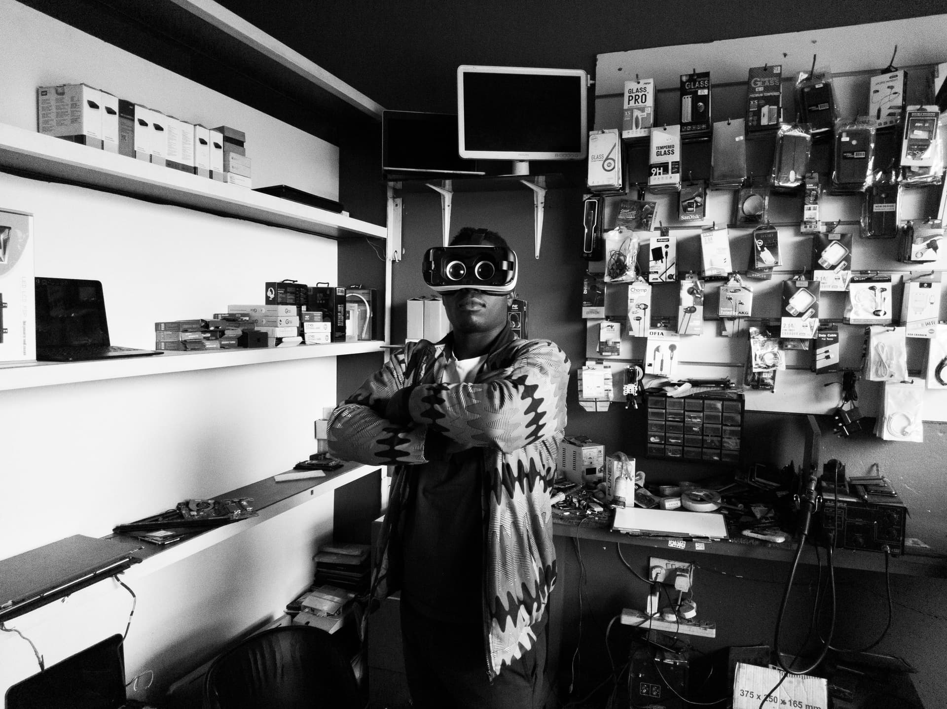 VR Goggles displayed in an electronics store, representing cutting-edge e-commerce technology