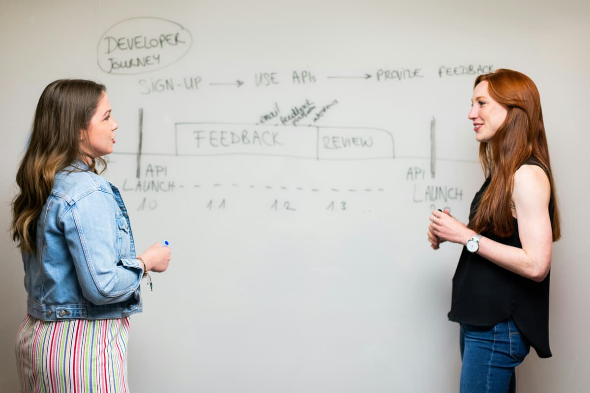 Women discussing WooCommerce SEO strategies in front of a whiteboard